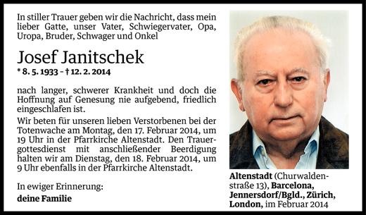 Todesanzeige von Josef Janitschek von Vorarlberger Nachrichten
