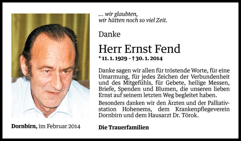  Todesanzeige für Ernst Fend vom 14.02.2014 aus Vorarlberger Nachrichten