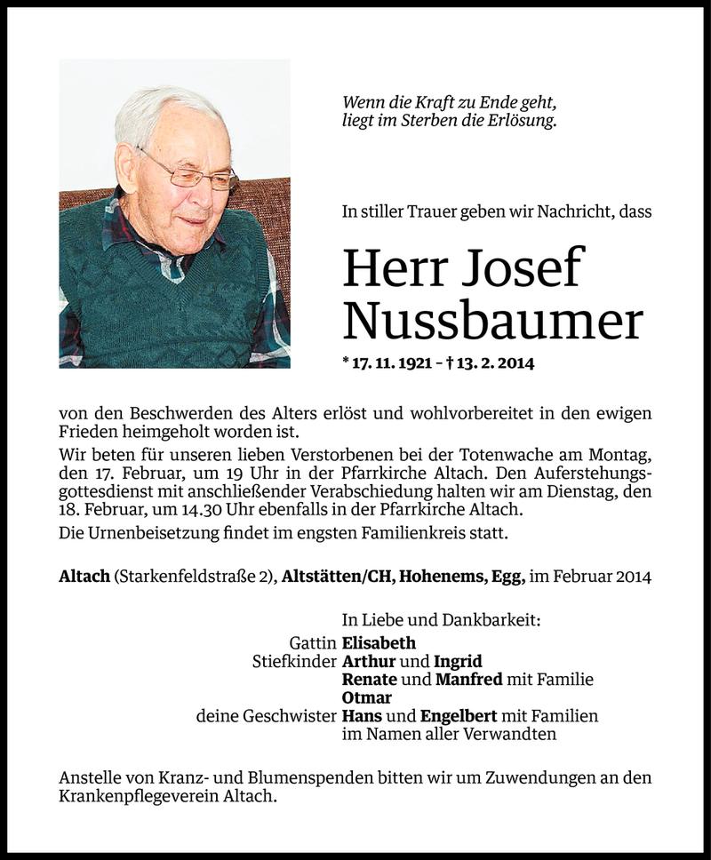  Todesanzeige für Josef Nussbaumer vom 14.02.2014 aus Vorarlberger Nachrichten