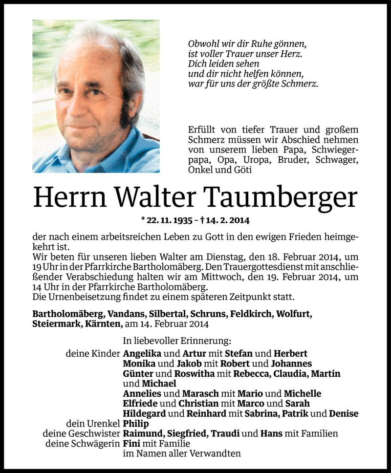  Todesanzeige für Walter Taumberger vom 14.02.2014 aus Vorarlberger Nachrichten