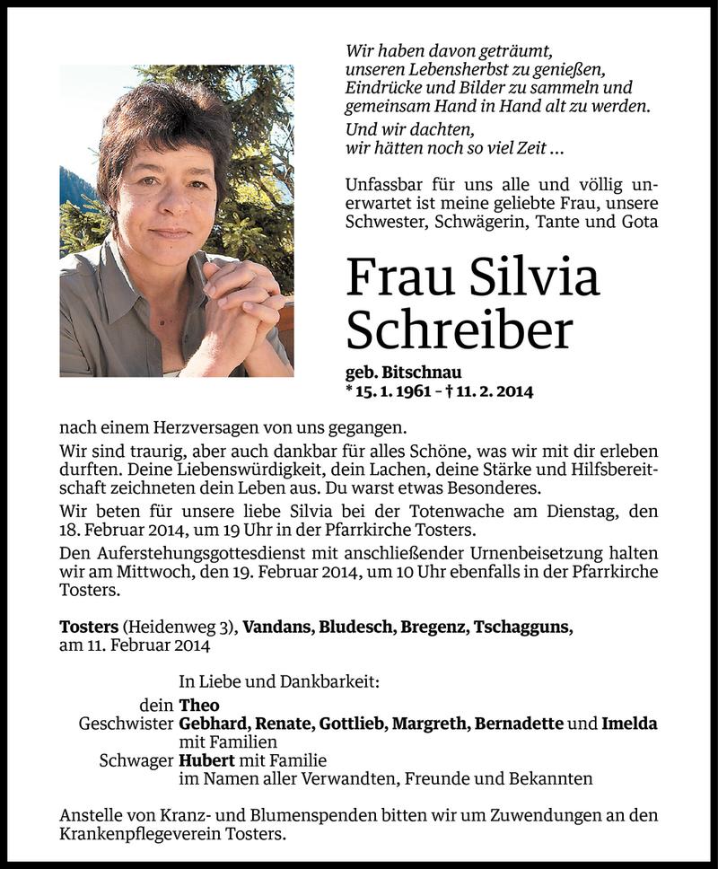 Todesanzeigen Von Silvia Schreiber Todesanzeigen Vorarlberger Nachrichten