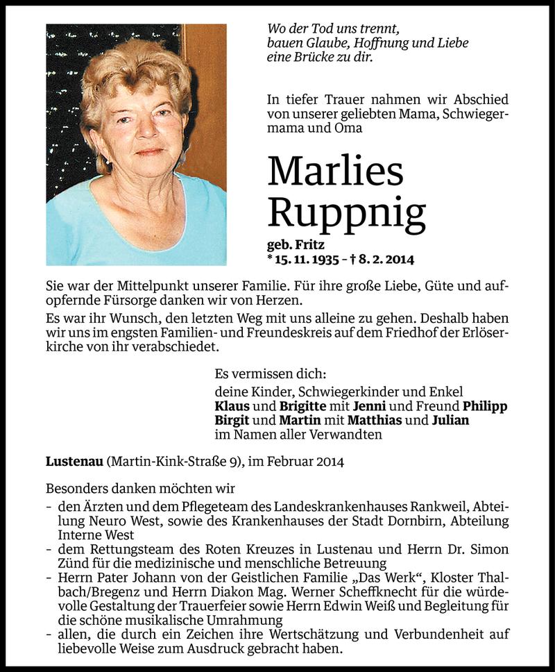  Todesanzeige für Marlies Ruppnig vom 16.02.2014 aus Vorarlberger Nachrichten