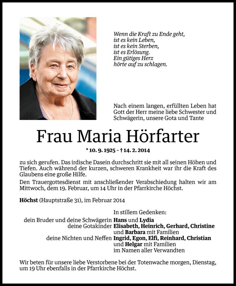  Todesanzeige für Maria Hörfarter vom 16.02.2014 aus Vorarlberger Nachrichten