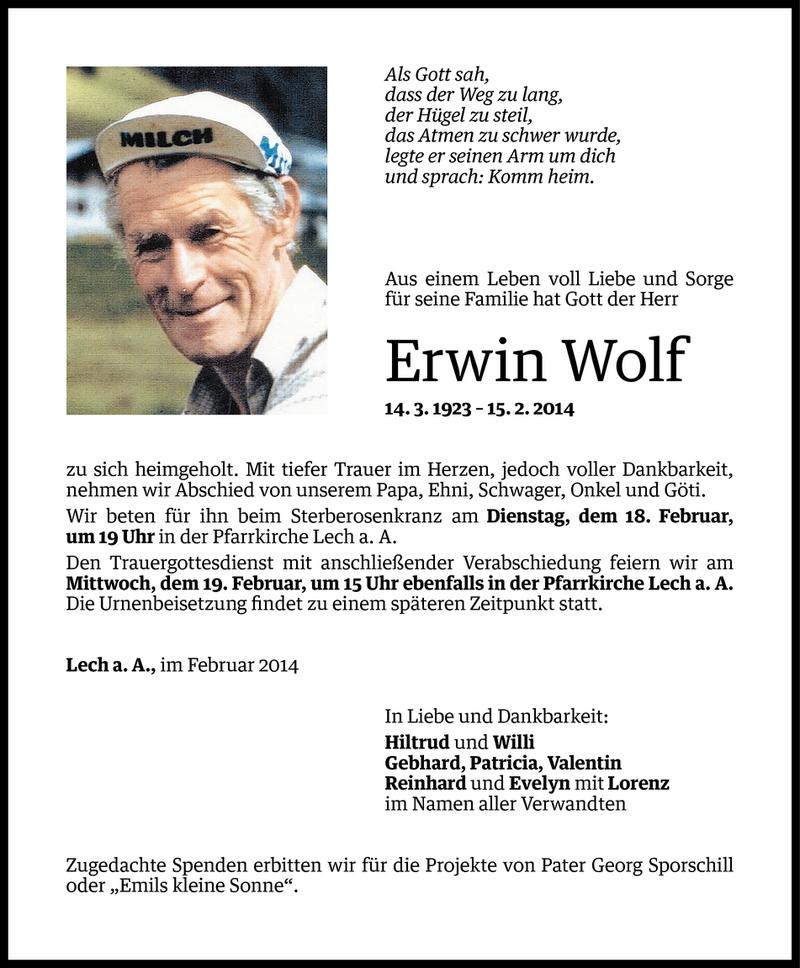  Todesanzeige für Erwin Wolf vom 17.02.2014 aus Vorarlberger Nachrichten