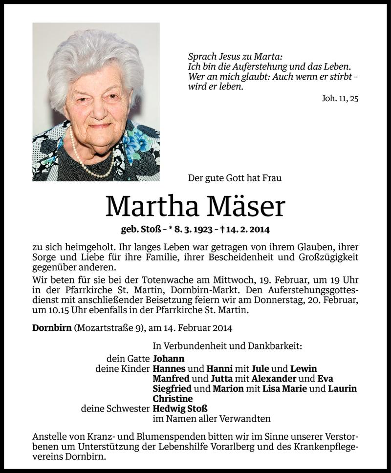  Todesanzeige für Martha Mäser vom 17.02.2014 aus Vorarlberger Nachrichten