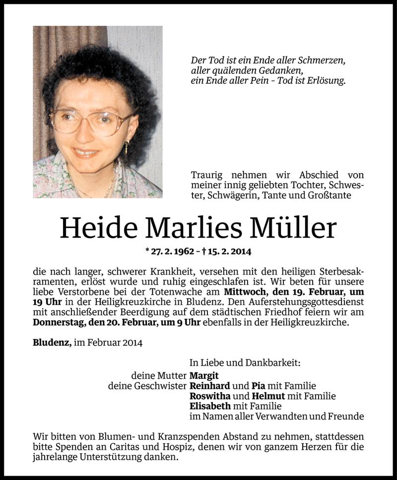  Todesanzeige für Heide Marlies Müller vom 18.02.2014 aus Vorarlberger Nachrichten