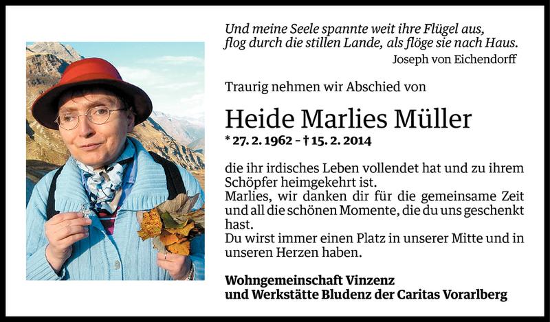  Todesanzeige für Heide Marlies Müller vom 18.02.2014 aus Vorarlberger Nachrichten