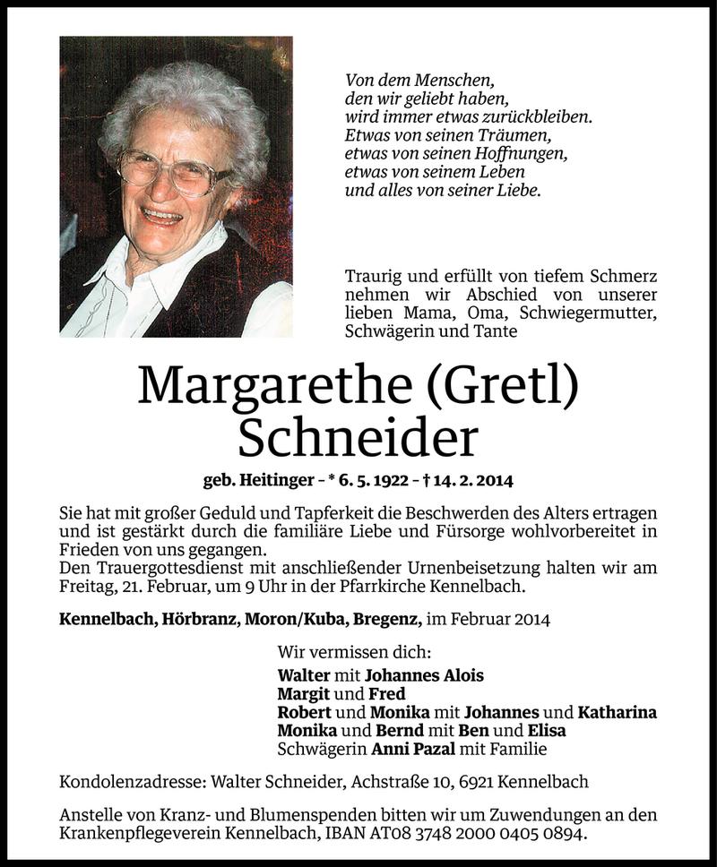  Todesanzeige für Margarethe Schneider vom 18.02.2014 aus Vorarlberger Nachrichten