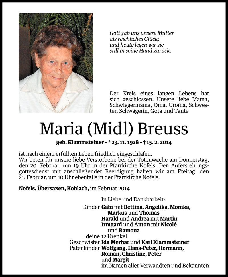  Todesanzeige für Maria Breuss vom 18.02.2014 aus Vorarlberger Nachrichten