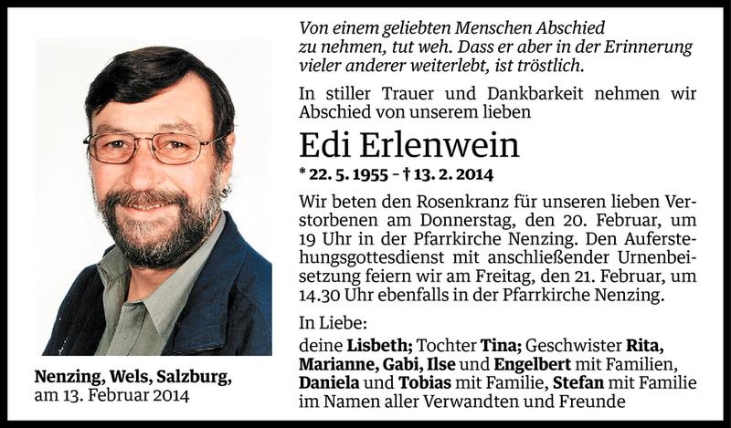  Todesanzeige für Edi Erlenwein vom 18.02.2014 aus Vorarlberger Nachrichten