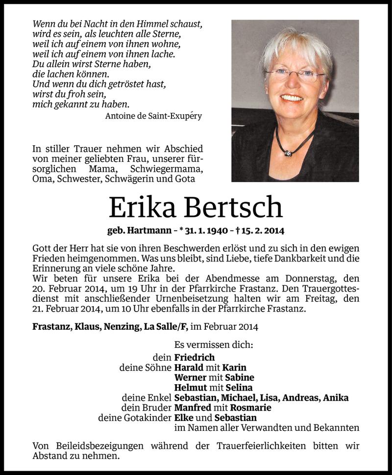  Todesanzeige für Erika Bertsch vom 18.02.2014 aus Vorarlberger Nachrichten