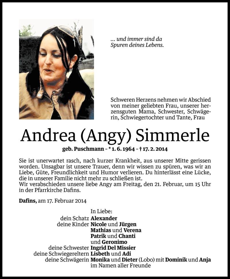  Todesanzeige für Andrea Simmerle vom 18.02.2014 aus Vorarlberger Nachrichten