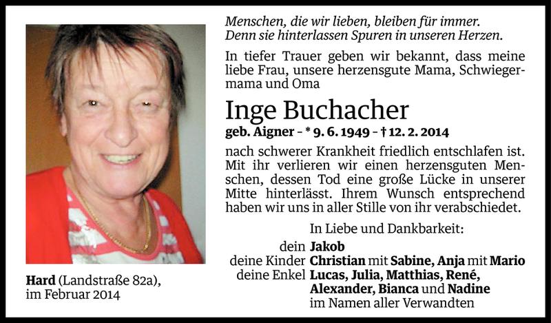  Todesanzeige für Inge Buchacher vom 19.02.2014 aus Vorarlberger Nachrichten