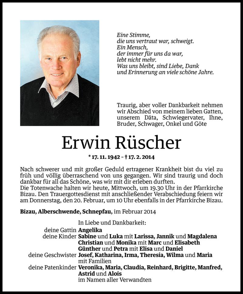  Todesanzeige für Erwin Rüscher vom 18.02.2014 aus Vorarlberger Nachrichten