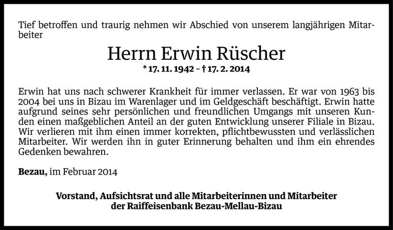  Todesanzeige für Erwin Rüscher vom 18.02.2014 aus Vorarlberger Nachrichten