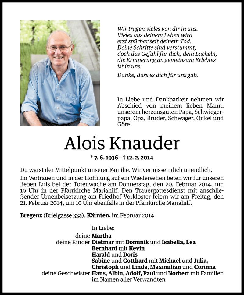  Todesanzeige für Alois Knauder vom 18.02.2014 aus Vorarlberger Nachrichten