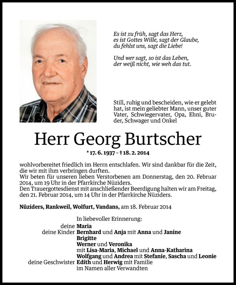  Todesanzeige für Georg Burtscher vom 18.02.2014 aus Vorarlberger Nachrichten