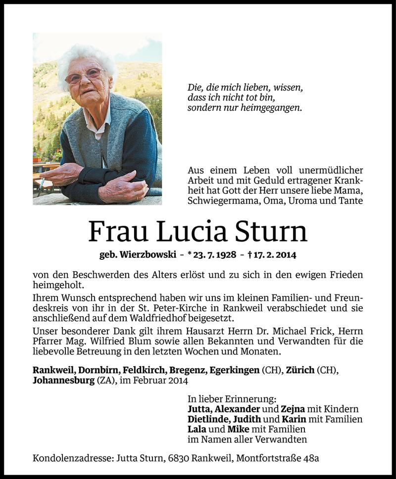  Todesanzeige für Lucia Sturn vom 22.02.2014 aus Vorarlberger Nachrichten