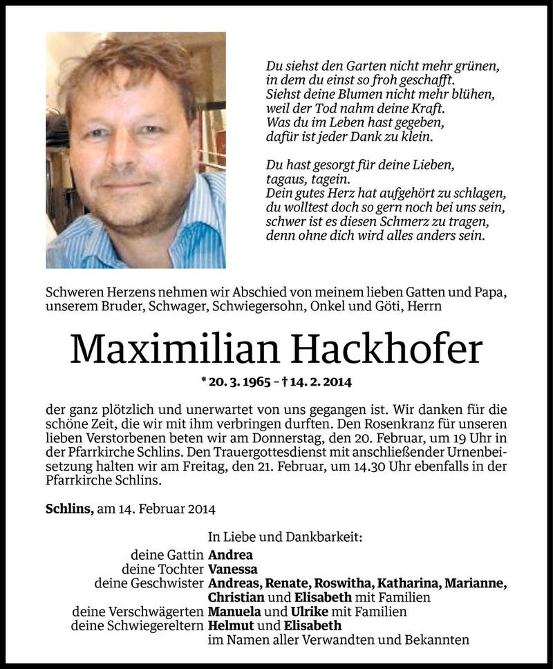  Todesanzeige für Maximilian Hackhofer vom 19.02.2014 aus Vorarlberger Nachrichten