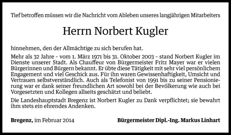  Todesanzeige für Norbert Kugler vom 19.02.2014 aus Vorarlberger Nachrichten