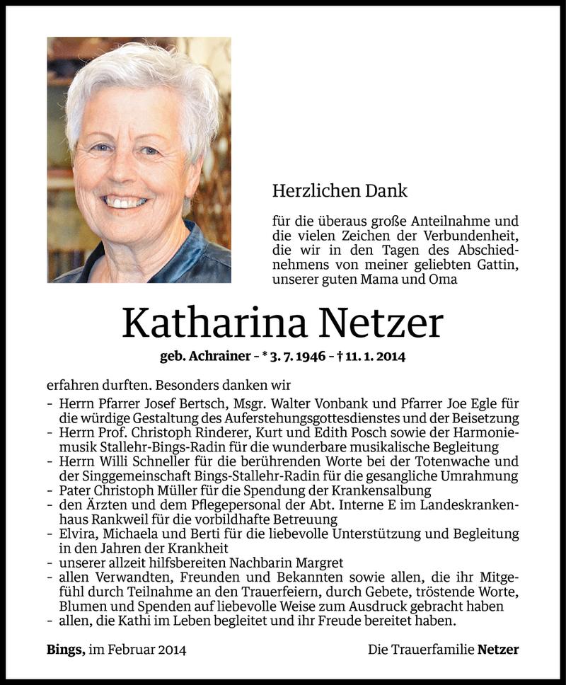  Todesanzeige für Katharina Netzer vom 22.02.2014 aus Vorarlberger Nachrichten