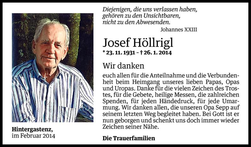  Todesanzeige für Josef Höllrigl vom 20.02.2014 aus Vorarlberger Nachrichten