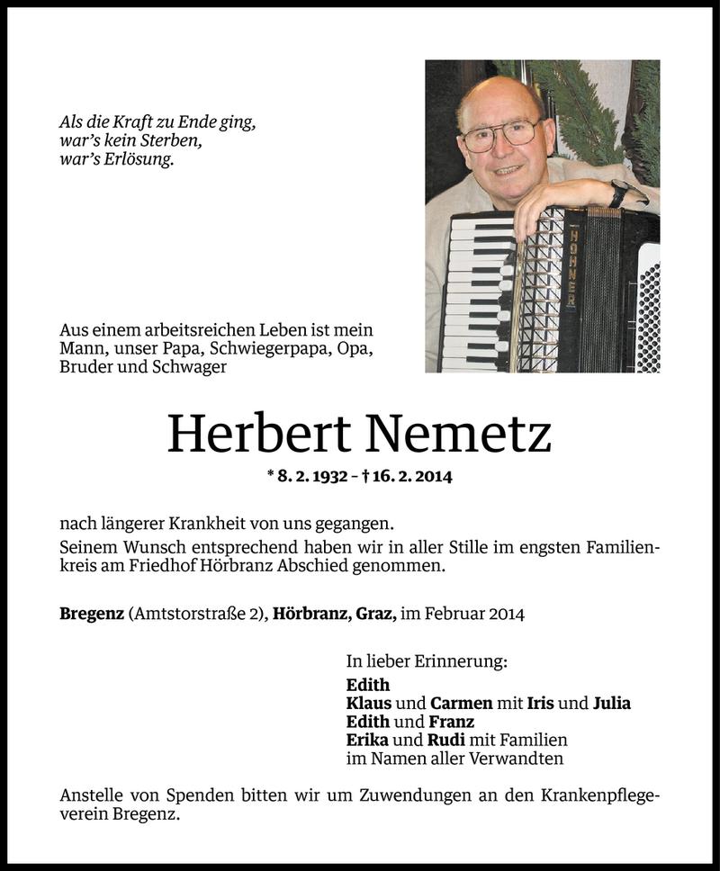  Todesanzeige für Herbert Nemetz vom 26.02.2014 aus Vorarlberger Nachrichten