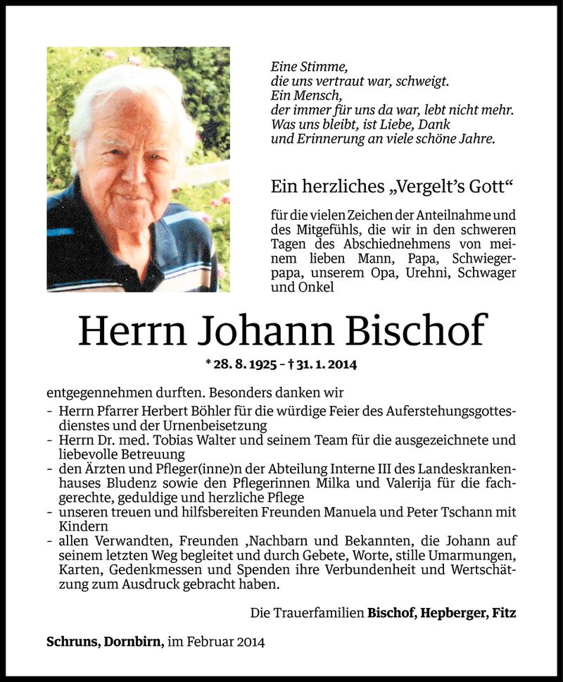  Todesanzeige für Johann Bischof vom 20.02.2014 aus Vorarlberger Nachrichten