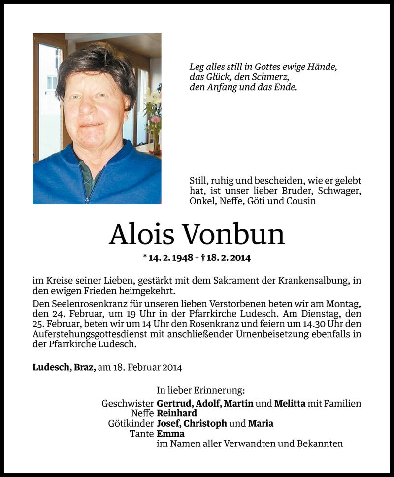  Todesanzeige für Alois Vonbun vom 21.02.2014 aus Vorarlberger Nachrichten