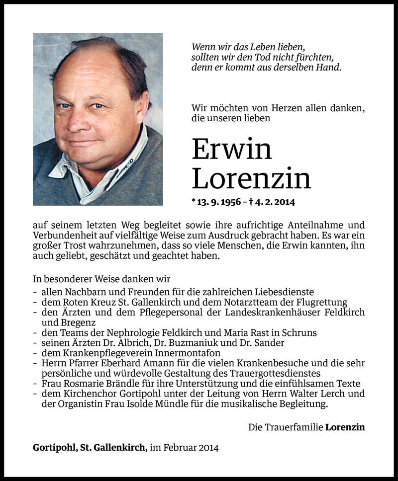  Todesanzeige für Erwin Lorenzin vom 21.02.2014 aus Vorarlberger Nachrichten