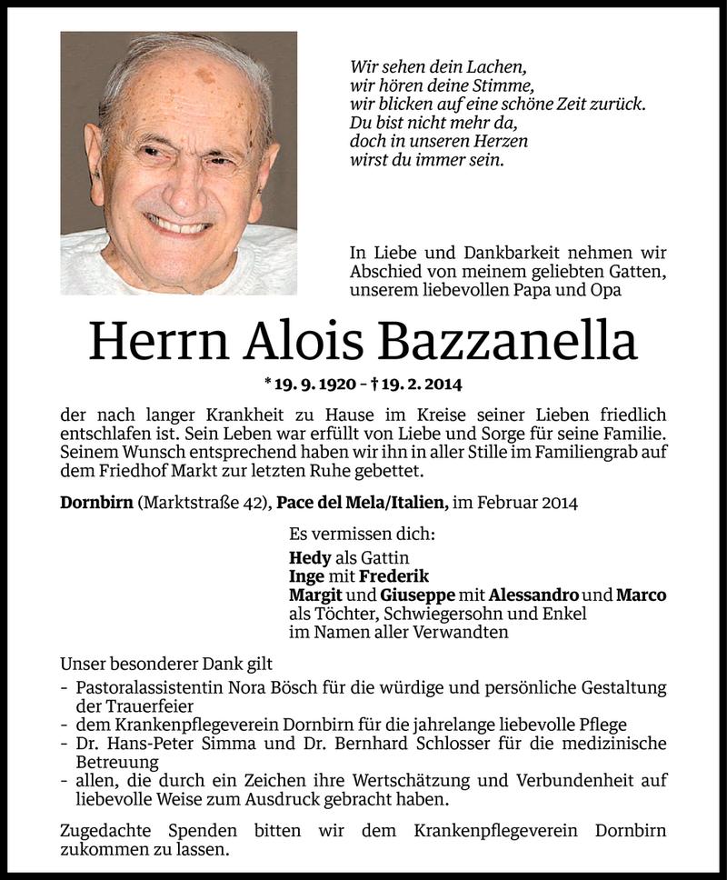  Todesanzeige für Alois Bazzanella vom 24.02.2014 aus Vorarlberger Nachrichten