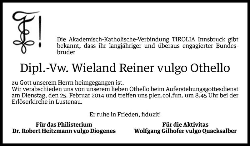  Todesanzeige für Wieland Reiner vom 23.02.2014 aus Vorarlberger Nachrichten