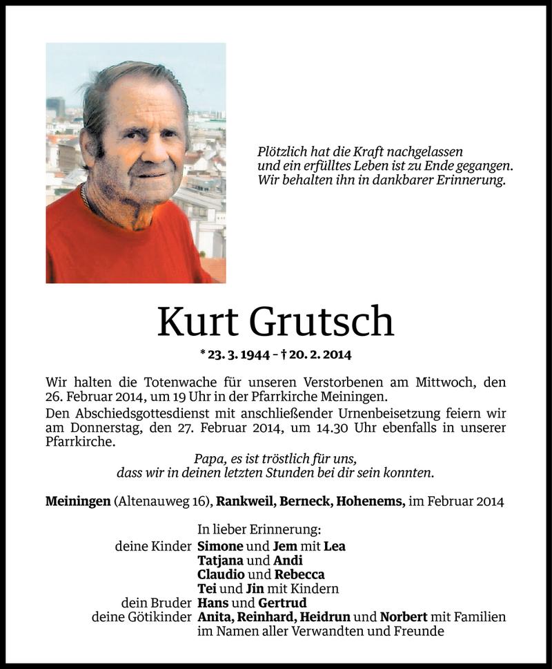  Todesanzeige für Kurt Grutsch vom 23.02.2014 aus Vorarlberger Nachrichten