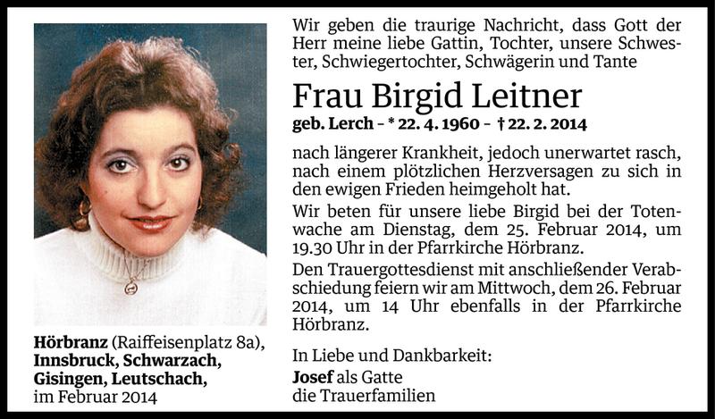  Todesanzeige für Birgid Leitner vom 23.02.2014 aus Vorarlberger Nachrichten