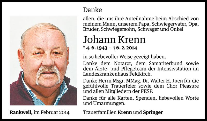  Todesanzeige für Johann Krenn vom 25.02.2014 aus Vorarlberger Nachrichten