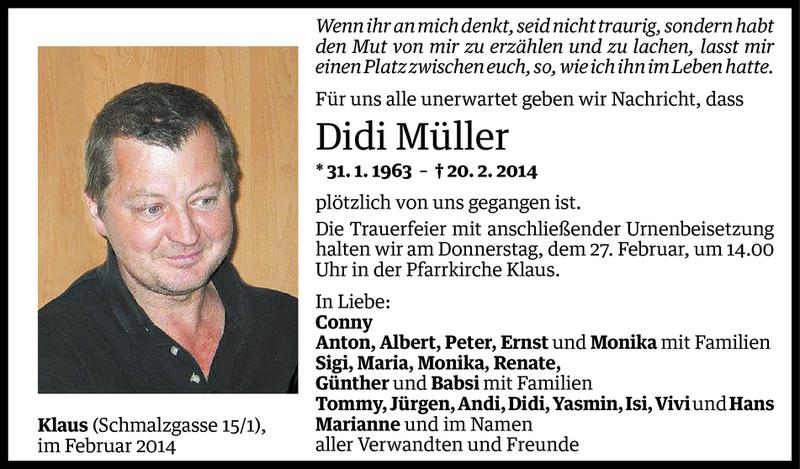  Todesanzeige für Didi Müller vom 25.02.2014 aus Vorarlberger Nachrichten