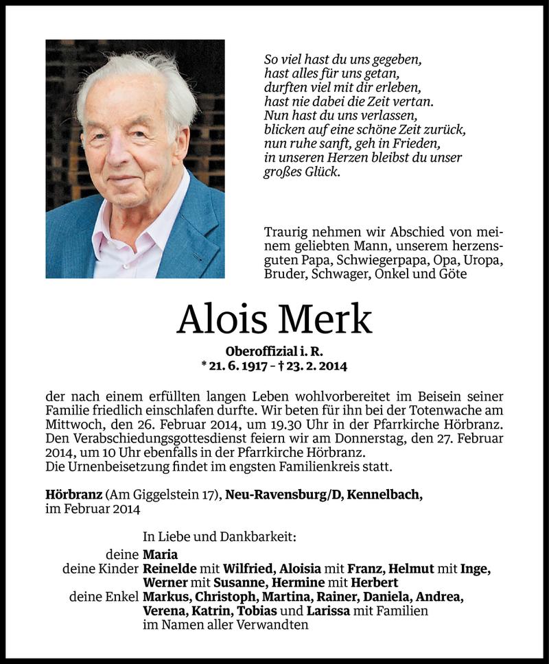  Todesanzeige für Alois Merk vom 24.02.2014 aus Vorarlberger Nachrichten