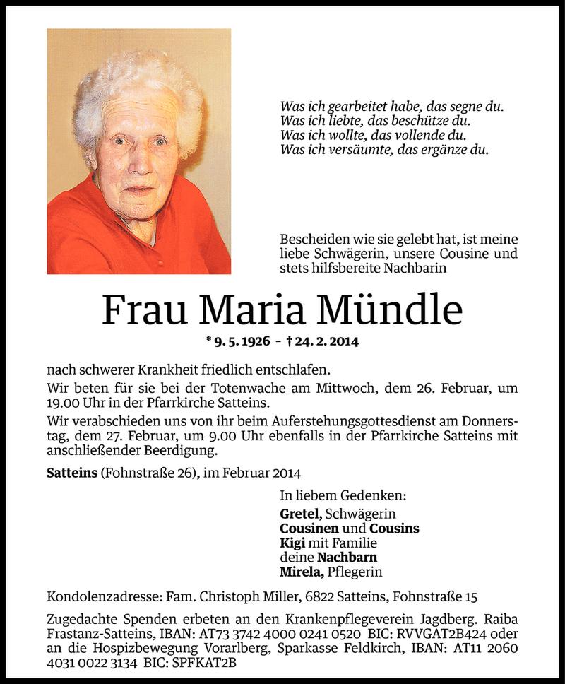  Todesanzeige für Maria Mündle vom 25.02.2014 aus Vorarlberger Nachrichten