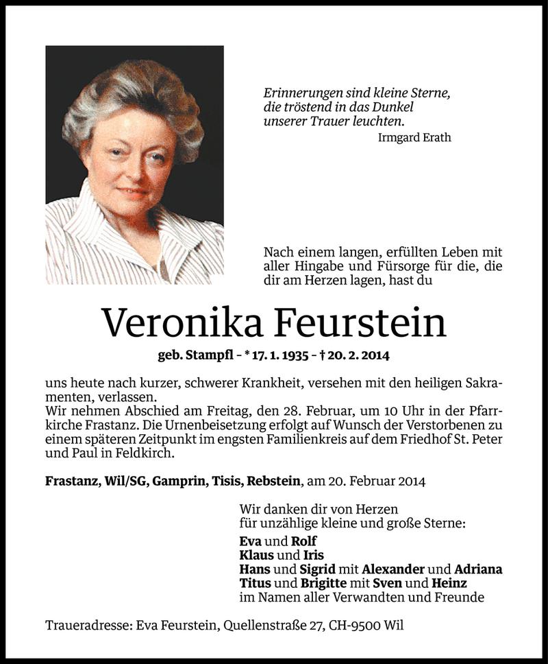  Todesanzeige für Veronika Feurstein vom 25.02.2014 aus Vorarlberger Nachrichten