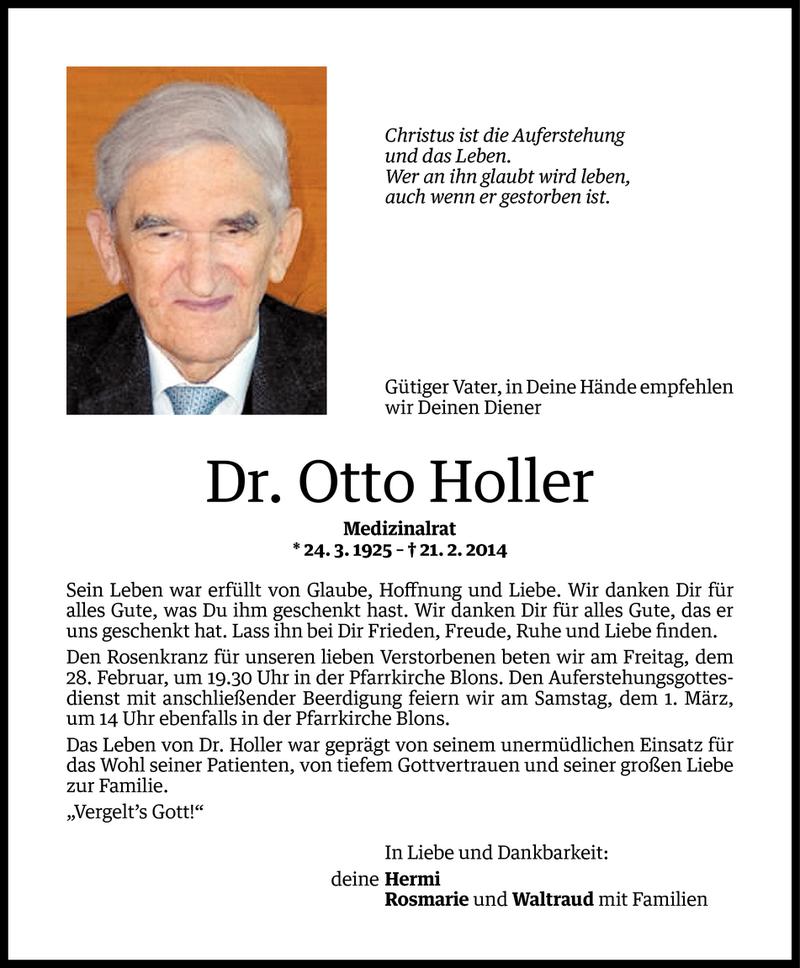  Todesanzeige für Otto Holler vom 25.02.2014 aus Vorarlberger Nachrichten