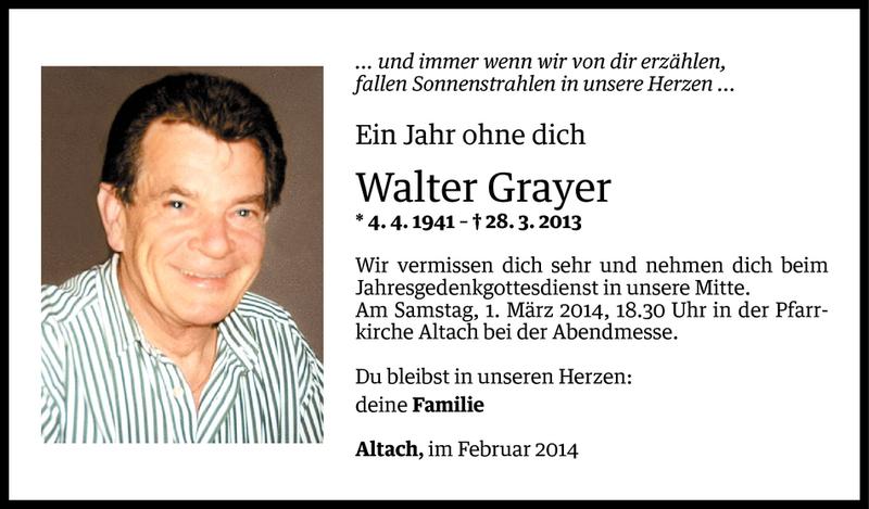  Todesanzeige für Walter Grayer vom 26.02.2014 aus Vorarlberger Nachrichten