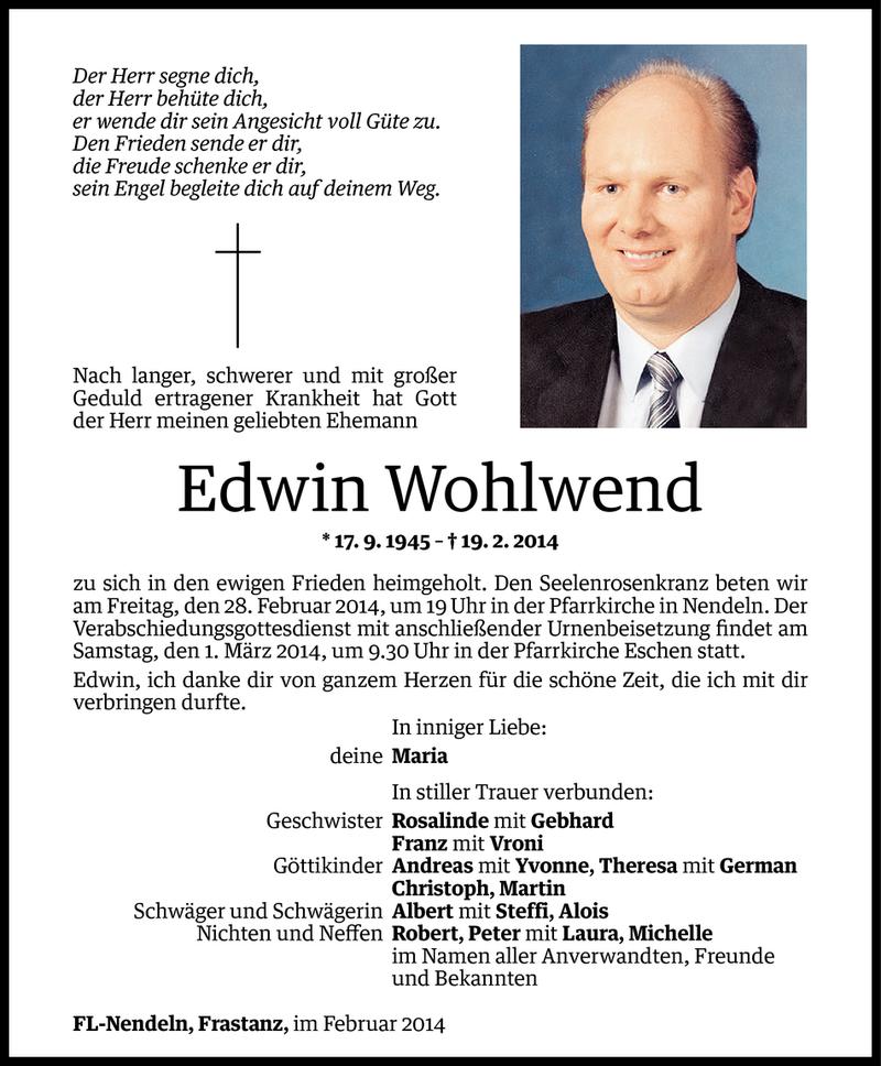  Todesanzeige für Edwin Wohlwend vom 26.02.2014 aus Vorarlberger Nachrichten