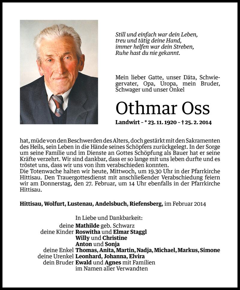  Todesanzeige für Othmar Oss vom 25.02.2014 aus Vorarlberger Nachrichten