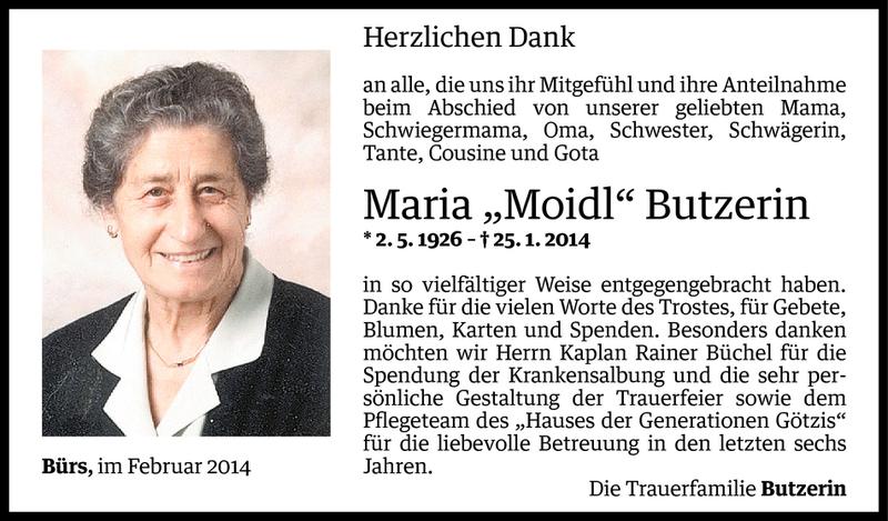  Todesanzeige für Maria Butzerin vom 28.02.2014 aus Vorarlberger Nachrichten