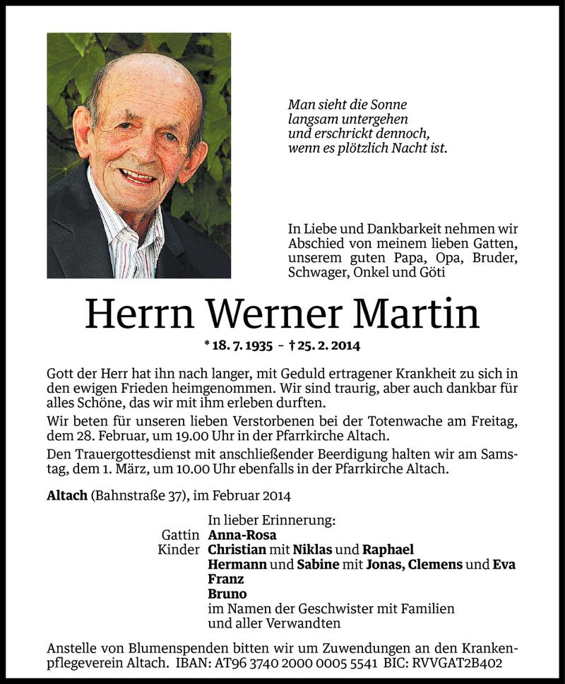  Todesanzeige für Werner Martin vom 27.02.2014 aus Vorarlberger Nachrichten