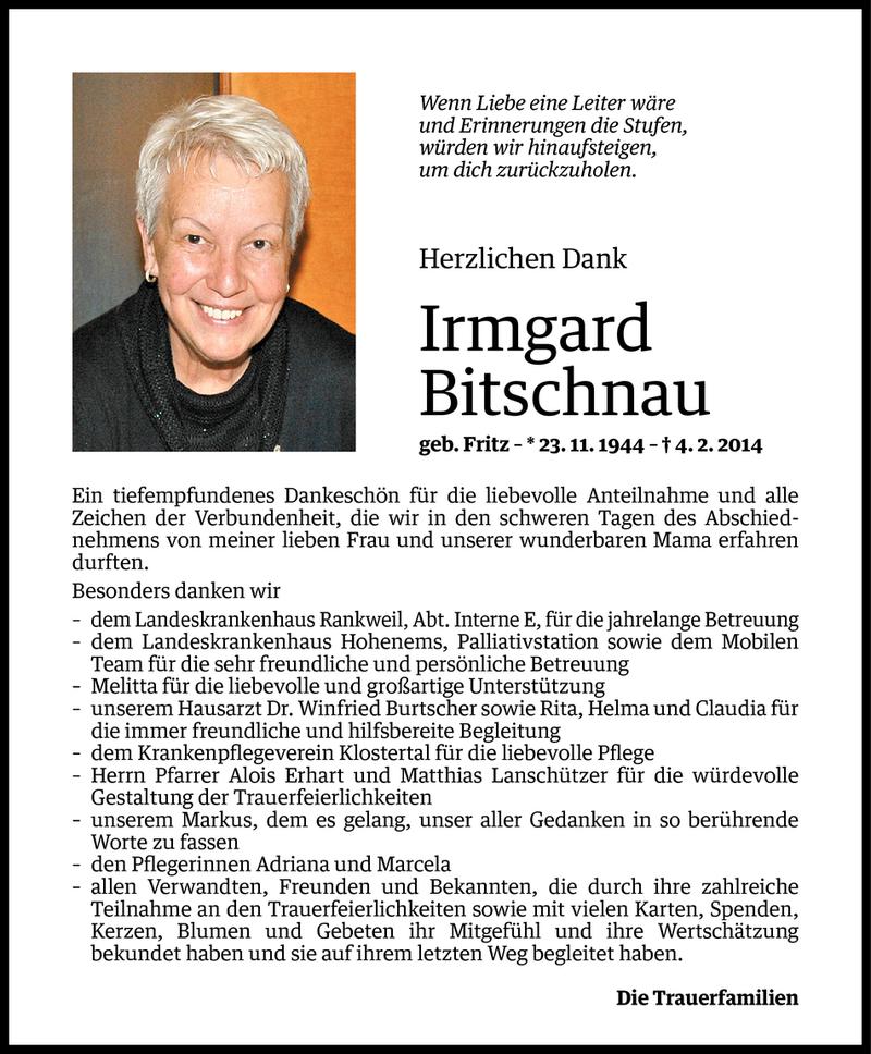  Todesanzeige für Irmgard Bitschnau vom 28.02.2014 aus Vorarlberger Nachrichten