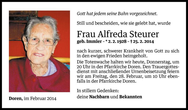  Todesanzeige für Alfreda Steurer vom 26.02.2014 aus Vorarlberger Nachrichten