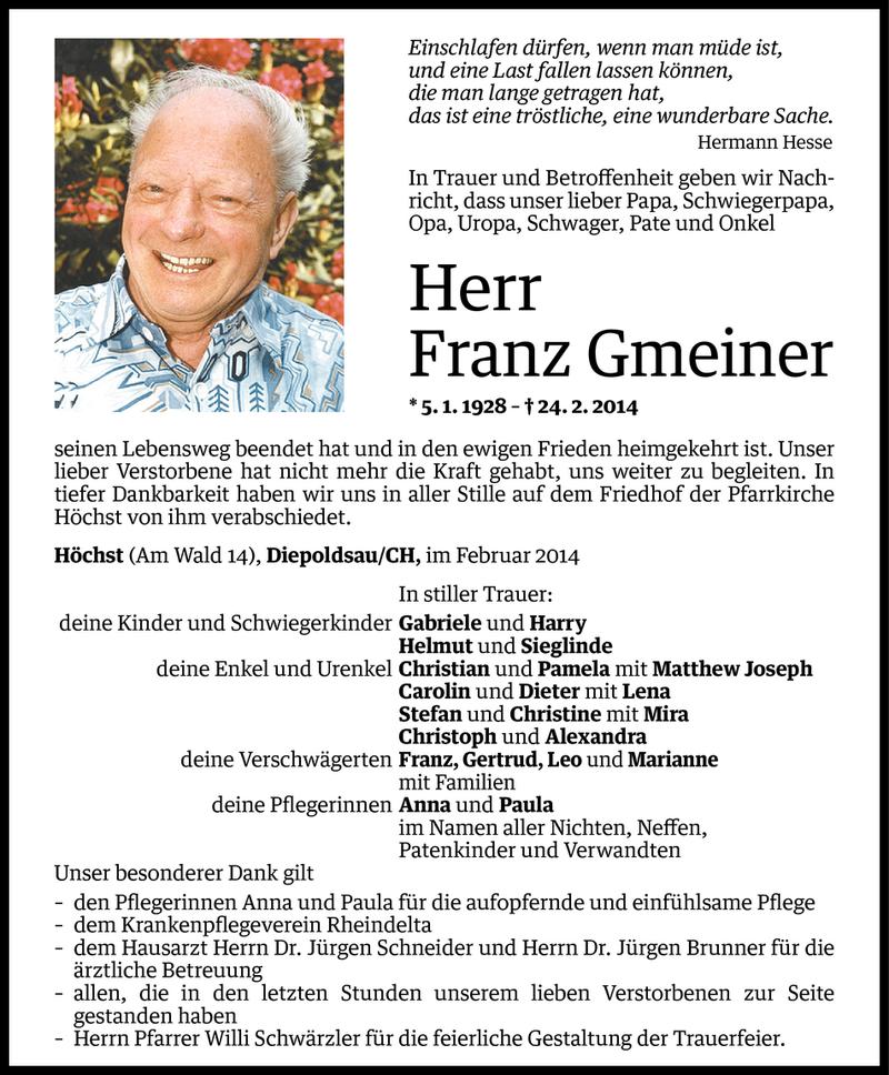  Todesanzeige für Franz Gmeiner vom 28.02.2014 aus Vorarlberger Nachrichten