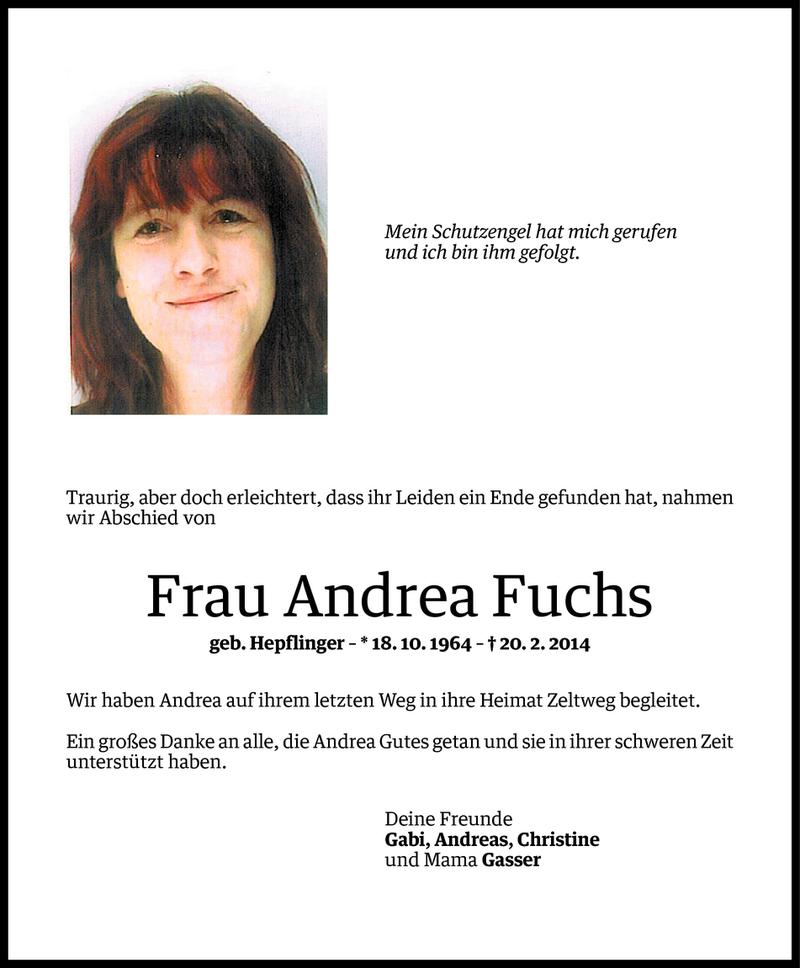  Todesanzeige für Andrea Fuchs vom 28.02.2014 aus Vorarlberger Nachrichten
