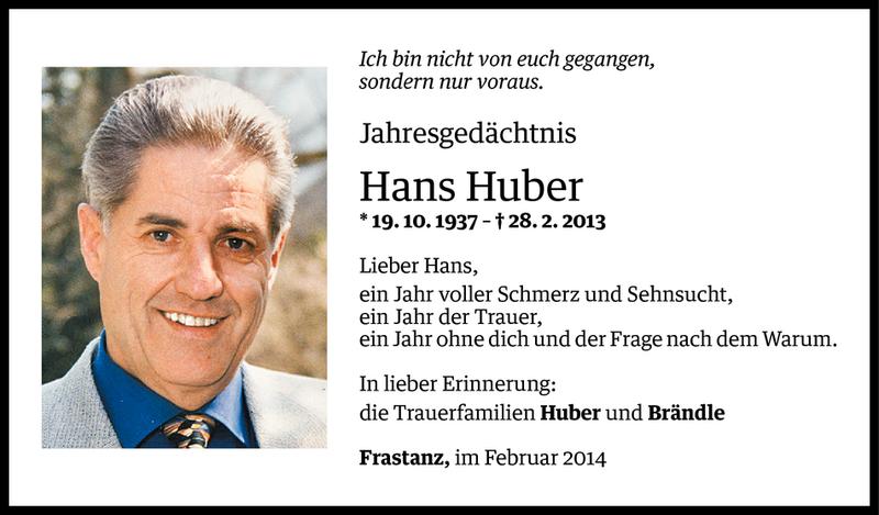  Todesanzeige für Hans Huber vom 27.02.2014 aus Vorarlberger Nachrichten